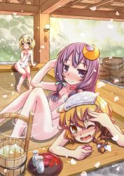 Rule 34 | 3girls, alcohol, alice margatroid, barefoot, bath, blonde hair, blue eyes, blush, braid, covering privates, crescent, crescent hair ornament, female focus, hair ornament, kirisame marisa, long hair, mayuge inu, multiple girls, naked towel, nude, nude cover, one eye closed, onsen, patchouli knowledge, petals, purple eyes, purple hair, revision, sake, same-sex bathing, shared bathing, side braid, touhou, towel, towel on head, water, wink, yellow eyes