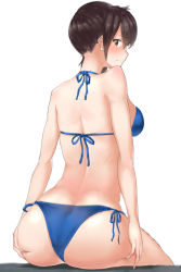 Rule 34 | 10s, 1girl, ass, back, bare shoulders, bikini, black hair, blue bikini, blush, breasts, brown eyes, from behind, hands on ass, kaga (kancolle), kantai collection, looking at viewer, looking back, short hair, side-tie bikini bottom, side ponytail, sideboob, simple background, sitting, solo, swimsuit, yagihachi
