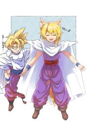 Rule 34 | 1boy, 1girl, ^ ^, animal ear fluff, animal ears, asymmetrical hair, blonde hair, boots, brown footwear, cape, closed eyes, commentary request, cookie (touhou), cosplay, dragon ball, dragonball z, fang, fox ears, fox girl, fox tail, full body, green eyes, highres, ketsuban equals rira, looking at another, medium hair, miramikaru riran, open mouth, purple tunic, red sash, sash, shoulder pads, sidelocks, skin fang, smile, son gohan, son gohan (cosplay), spiked hair, super saiyan, tail, translation request, white cape