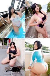 Rule 34 | 1girl, asian, ass, black hair, breasts, cat, chouzuki maryou, cleavage, competition swimsuit, highres, lipstick, makeup, one-piece swimsuit, photo (medium), plump, solo, swimsuit, thick thighs, thighs