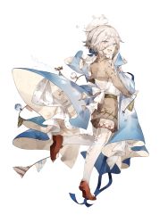 Rule 34 | 1boy, androgynous, animal, animal on head, blue eyes, candy, food fantasy, highres, jingzhongyin, looking at viewer, looking back, mousse (food fantasy), official art, on head, pale skin, rabbit, ribbon, second-party source, silver hair, smile, solo, transparent background, trap, wrapped candy