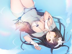 Rule 34 | 1girl, between breasts, bikini, black hair, blunt bangs, breasts, choyeon, cleavage, flower, from above, girls&#039; frontline, gloves, hair flower, hair ornament, hairband, large breasts, long hair, lying, on back, partially submerged, side-tie bikini bottom, smile, swimsuit, thighs, type 95 (girls&#039; frontline), upside-down, very long hair, water, wet, wet clothes, white bikini, white gloves, white hairband, yellow eyes