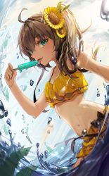Rule 34 | 1girl, absurdres, ahoge, aqua eyes, bare arms, bikini, breasts, brown hair, cleavage, cocoballking, collarbone, day, flower, food, hair between eyes, hair flower, hair ornament, highres, holding, holding food, hololive, long hair, natsuiro matsuri, natsuiro matsuri (hololive summer 2019), outdoors, popsicle, small breasts, solo, sunflower, swimsuit, tongue, tongue out, virtual youtuber, yellow bikini, yellow flower