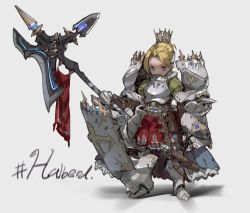 Rule 34 | 1girl, absurdres, armor, blonde hair, boots, breastplate, crown, dot nose, english text, faulds, full armor, full body, gauntlets, greaves, grey background, halberd, hashtag, highres, holding, holding weapon, looking at viewer, original, parted bangs, pauldrons, plume, polearm, purple eyes, shield, short hair, shoulder armor, simple background, sketch, smile, solo, standing, urorong, weapon, white background