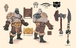 Rule 34 | 1boy, animal skull, armor, axe, back tattoo, bald, bara, bare pectorals, battle axe, beard, blue skin, character sheet, chest harness, colored skin, concept art, critical role, dungeons & dragons, dungeons &amp; dragons, facial hair, full body, gloves, grog strongjaw, harness, head tattoo, highres, large pectorals, leather, leather pants, male focus, mature male, michael ollerton, multiple views, muscular, muscular male, mustache, nipples, pants, pauldrons, pectorals, shoulder armor, shoulder tattoo, shouting, single pauldron, stomach, tattoo, the legend of vox machina, thick eyebrows, weapon