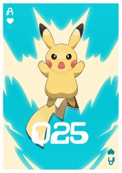 Rule 34 | animal focus, arms up, black eyes, blue background, blush stickers, border, card (medium), creatures (company), electricity, full body, game freak, gen 1 pokemon, hanamoru, heart, highres, looking at viewer, nintendo, no humans, open mouth, pikachu, pokedex number, pokemon, pokemon (creature), polka dot, polka dot background, solo, straight-on, v-shaped eyebrows, white border