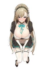 Rule 34 | 1girl, apron, aqua bow, aqua bowtie, aqua eyes, asuna (blue archive), black dress, blonde hair, blue archive, blush, bow, bowtie, breasts, chela77, cleavage, dress, elbow gloves, garter straps, gloves, highres, large breasts, long hair, maid, maid headdress, mole, mole on breast, neckwear between breasts, nose blush, short sleeves, simple background, solo, sweat, thighhighs, white apron, white background, white gloves, white thighhighs