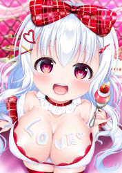 Rule 34 | blush, bow, breasts, cleavage, cream, cream on breasts, food, fork, fruit, hair bow, highres, holding, holding fork, large breasts, long hair, nail polish, open mouth, oppai loli, original, pink eyes, red bow, rinna rika, strawberry, sweets, whipped cream, white hair