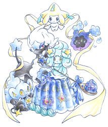 1girl 1other absurdres alcremie alcremie_(mint_cream) alcremie_(star_sweet) blue_bow bow colored_pencil_(medium) commentary_request cosmog creatures_(company) dog fluffy food furfrou game_freak gelatin gem gen_1_pokemon gen_3_pokemon gen_4_pokemon gen_6_pokemon gen_7_pokemon gen_8_pokemon highres holding holding_spoon jirachi kokyuuki_(6345) legendary_pokemon looking_at_viewer mini_person minigirl minior minior_(core) minior_(orange_core) minior_(red_core) minior_(yellow_core) mythical_pokemon nintendo pokemon pokemon_(creature) poodle red_eyes ribbon shinx sitting spoon star_(symbol) starfish starmie staryu tail traditional_media white_background yellow_eyes