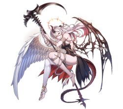 Rule 34 | 1girl, :d, angel, angel wings, ark order, artist request, asymmetrical wings, bandaged arm, bandaged leg, bandages, barefoot, black dress, braid, demon girl, demon horns, demon tail, demon wings, dress, feathered wings, feathers, full body, gauntlets, gloves, halo, heterochromia, holding, holding scythe, horns, looking at viewer, mismatched wings, mole, mole under eye, multicolored hair, official art, open mouth, pale skin, red eyes, red hair, samael (ark order), scythe, single gauntlet, single horn, single thighhigh, smile, solo, stirrup legwear, streaked hair, tachi-e, tail, thighhighs, toeless legwear, transparent background, two-tone hair, white feathers, white gloves, white hair, white thighhighs, white wings, wings, yellow eyes