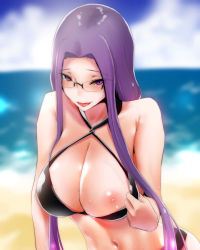 Rule 34 | 1girl, bare shoulders, beach, bikini, blush, breasts, cleavage, clothes pull, commentary request, day, eyes visible through hair, fate/grand order, fate/stay night, fate (series), glasses, large breasts, long hair, looking at viewer, medusa (fate), medusa (rider) (fate), navel, nipples, one-piece swimsuit pull, purple eyes, purple hair, satou kaede, smile, solo, swimsuit, tongue, tongue out, very long hair