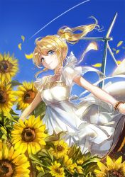 Rule 34 | 10s, 1girl, arms at sides, ayase eli, blonde hair, blue eyes, bow, breasts, cleavage, collarbone, day, dress, flower, hair bow, long hair, looking at viewer, love live!, love live! school idol festival, love live! school idol project, medium breasts, outdoors, ponytail, short sleeves, solo, sunflower, vima, white dress