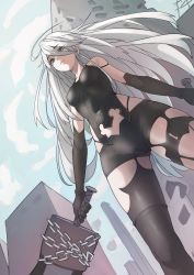 Rule 34 | 1girl, absurdres, ahoge, bare shoulders, black gloves, black thighhighs, building, chain, covered navel, day, dual wielding, elbow gloves, eyes visible through hair, gloves, green eyes, hair between eyes, highres, holding, holding sword, holding weapon, kiritzugu, long hair, mole, mole under mouth, nier (series), nier:automata, outdoors, solo, standing, sword, thighhighs, weapon, white hair, a2 (nier:automata)