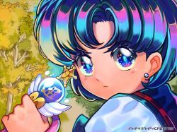 Rule 34 | 1girl, artist name, bishoujo senshi sailor moon, blue eyes, blue hair, blue sailor collar, closed mouth, crystal change rod, derivative work, earrings, heart, heart in eye, highres, holding, holding wand, inkfy, jewelry, looking at viewer, mercury symbol, mizuno ami, outdoors, parted bangs, sailor collar, screenshot redraw, serious, shirt, short hair, solo, star (symbol), star in eye, stud earrings, symbol in eye, tree, upper body, wand, white shirt