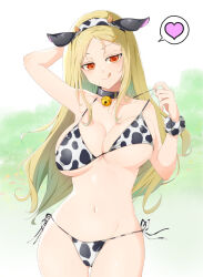 Rule 34 | 1girl, :q, animal costume, animal ears, animal print, arm up, armpits, bell, bikini, bikini pull, black choker, blonde hair, blurry, blush, breasts, choker, cleavage, clothes pull, come hither, cow costume, cow ears, cow girl, cow horns, cow print, cow print bikini, depth of field, fake horns, field, flower, gluteal fold, grass, groin, hair ornament, hairclip, horns, jingle bell, kinako (mzknk0), large breasts, long hair, looking at viewer, micro bikini, mole, mole under mouth, naughty face, navel, neck bell, pink flower, print bikini, print scrunchie, pulling own clothes, red eyes, scrunchie, senran kagura, senran kagura shinovi versus, shiki (senran kagura), shiny skin, side-tie bikini bottom, smile, solo, standing, string bikini, swimsuit, tongue, tongue out, underboob, wrist scrunchie, yellow flower