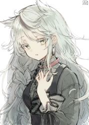 Rule 34 | 1girl, animal ears, artist name, braid, collar, goth fashion, hand on own chest, highres, long hair, looking at viewer, oomori (kswmr), open mouth, original, signature, simple background, solo, white background