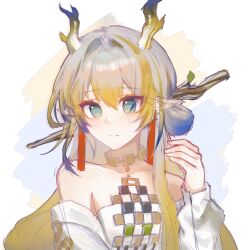 Rule 34 | 1girl, arknights, bare shoulders, blonde hair, blush, chinese commentary, closed mouth, commentary request, dragon girl, dragon horns, earrings, expressionless, eyes visible through hair, green eyes, grey hair, hair between eyes, hand up, horns, jewelry, long hair, long sleeves, looking at viewer, magpie1010 (wang chi wen que), multicolored hair, necklace, off shoulder, pointy ears, purple hair, purple horns, shu (arknights), single sidelock, sketch, solo, upper body, white horns, yellow horns