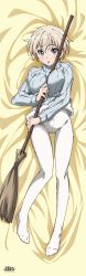 Rule 34 | 10s, 1girl, artist request, bed, between breasts, blonde hair, blue eyes, brave witches, breasts, broom, crotch seam, dakimakura (medium), feet, gluteal fold, highres, nikka edvardine katajainen, no shoes, official art, pantyhose, short hair, solo, sweater, world witches series