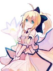 Rule 34 | 1girl, ahoge, artoria pendragon (all), artoria pendragon (fate), bare shoulders, blonde hair, bow, capcom, detached sleeves, dress, fate/stay night, fate/unlimited codes, fate (series), flower, green eyes, hair bow, lily (flower), long hair, ponytail, ryoku (yoridori), saber (fate), saber lily, solo, tegaki