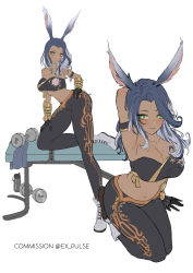 Rule 34 | 1girl, absurdres, animal ears, armpits, warrior of light (ff14), bad id, bad pixiv id, bench press, black gloves, blue hair, blush, boots, breasts, cleavage, dark-skinned female, dark skin, expulse, gloves, green eyes, highres, long hair, looking at viewer, midriff, navel, original, rabbit ears, seiza, simple background, sitting, solo, weights, white background