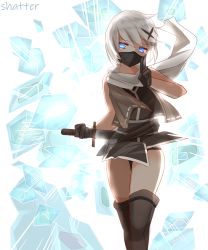 Rule 34 | 1girl, absurdres, bare shoulders, black gloves, black panties, black shirt, black thighhighs, blue eyes, english text, frozen, gloves, glowing, glowing eyes, hair between eyes, highres, holding, holding sword, holding weapon, ice, katana, kuji-in, mask, mouth mask, ninja, non (wednesday-classic), original, panties, red eyes, scarf, shatter, sheath, sheathed, shirt, simple background, sleeveless, sleeveless shirt, solo focus, standing, sword, thighhighs, underwear, weapon, white background, white hair, white scarf