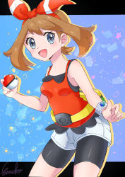 Rule 34 | 1girl, :d, bad id, bad pixiv id, bare arms, bare shoulders, bike shorts, blue eyes, blush, bow hairband, bracelet, brown hair, creatures (company), etsuko pkmn, fanny pack, game freak, hairband, highres, jewelry, looking at viewer, may (pokemon), nintendo, open mouth, poke ball, pokemon, pokemon oras, shirt, shorts, signature, sleeveless, sleeveless shirt, smile, star (symbol), white shorts