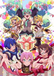 Rule 34 | 2boys, 4girls, :&gt;, :d, aqua hair, aqua necktie, armpits, arms up, balloon, belt, black shorts, black skirt, blonde hair, blue eyes, blush, box, breasts, brown eyes, brown hair, cleavage, clenched teeth, coat, collarbone, colorful, commentary, confetti, detached sleeves, english commentary, floating hair, gift, gift box, glowing, grey shirt, grin, hair between eyes, hair ornament, hair ribbon, hairclip, hatsune miku, headset, high ponytail, highres, jumping, kagamine len, kagamine rin, kaito (vocaloid), long hair, looking at viewer, looking down, looking up, medium breasts, megurine luka, meiko (vocaloid), midriff, multiple boys, multiple girls, navel, necktie, open mouth, outstretched arms, outstretched hand, pink hair, pleated skirt, polka dot, polka dot background, ponytail, puffy short sleeves, puffy sleeves, red ribbon, red tank top, ribbon, scarf, shirt, short hair, short sleeves, shorts, simple background, skirt, sleeveless, sleeveless shirt, smile, star (symbol), string of flags, striped, striped background, tank top, teeth, thighhighs, twintails, upper body, upper teeth only, v-shaped eyebrows, very long hair, vocaloid, white background, white coat, white ribbon, white shirt, yellow neckwear, yellow ribbon, yookikiku, zettai ryouiki