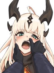 Rule 34 | 1girl, absurdres, ahoge, arknights, blonde hair, blue eyes, dragon girl, dragon horns, fangs, hair ornament, highres, horns, long hair, pov, pov hands, radioneet, reed (arknights), simple background, solo focus, white background