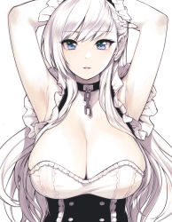 Rule 34 | 1girl, armpits, arms up, azur lane, belfast (azur lane), braid, breasts, broken, broken chain, chain, cleavage, collar, commentary request, corset, dress, french braid, frills, large breasts, long hair, looking at viewer, maid, maid headdress, parted lips, purple eyes, silver hair, sunaba suzume, swept bangs