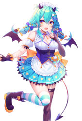Rule 34 | 1girl, :d, abandon ranka, apron, asymmetrical legwear, back bow, bat wings, black gloves, black thighhighs, blue eyes, boots, bow, braid, breasts, cleavage cutout, clothing cutout, collared shirt, corset, cross-laced footwear, demon horns, demon tail, detached sleeves, elbow gloves, fang, finger to mouth, fingerless gloves, foot out of frame, frilled shirt, frills, gloves, gradient eyes, green hair, green skirt, green thighhighs, hair ornament, hair ribbon, highres, horns, indie virtual youtuber, knee boots, leg up, long hair, low wings, maid headdress, medium breasts, miniskirt, mismatched legwear, multicolored clothes, multicolored eyes, multicolored legwear, necora nyaru, open mouth, plaid, plaid skirt, puffy short sleeves, puffy sleeves, purple corset, purple footwear, ribbon, shirt, short eyebrows, short sleeves, single elbow glove, skirt, sleeveless, sleeveless shirt, smile, solo, standing, standing on one leg, striped clothes, striped thighhighs, tail, thighhighs, twin braids, twintails, virtual youtuber, waist apron, white apron, white background, white sleeves, white thighhighs, wings, x hair ornament, yellow bow, yellow eyes, yellow ribbon
