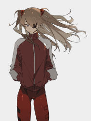 Rule 34 | 1girl, absurdres, blue eyes, bodysuit, brown hair, closed mouth, commentary, evangelion: 3.0 you can (not) redo, eyepatch, grey background, hands in pockets, highres, interface headset, jacket, long hair, neon genesis evangelion, plugsuit, rebuild of evangelion, red bodysuit, red jacket, simple background, solo, souryuu asuka langley, track jacket, two side up, zhibuji loom