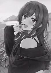 Rule 34 | 1girl, 55rstomdn1qqj6x, bare shoulders, black nails, blush, earrings, finger to mouth, greyscale, highres, idolmaster, idolmaster shiny colors, jewelry, long hair, long sleeves, looking at viewer, monochrome, nail polish, off shoulder, open mouth, osaki amana, outdoors, sleeves past wrists, smile, solo, swept bangs