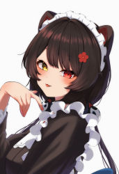 Rule 34 | 1girl, :p, absurdres, animal ears, black hair, blush, fingernails, flower, grey background, hair flower, hair ornament, heterochromia, highres, inui toko, long hair, looking at viewer, maid, maid headdress, nijisanji, red eyes, shooot108, simple background, solo, tongue, tongue out, upper body, virtual youtuber, wa maid, yellow eyes