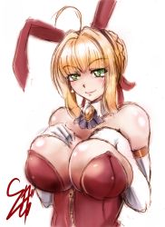 Rule 34 | 1girl, ahoge, animal ears, bare shoulders, blonde hair, bow, braid, breasts, clip studio paint (medium), detached collar, earrings, elbow gloves, fake animal ears, fate/grand order, fate (series), gloves, graphite (medium), green eyes, hair bow, hair intakes, hand on breast, jewelry, large breasts, leotard, looking at viewer, mechanical pencil, nero claudius (fate), nero claudius (fate) (all), nero claudius (fate/extra), pencil, playboy bunny, rabbit ears, red bow, smile, smirk, solo, suga leon, traditional media, type-moon, white background, zipper