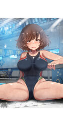 Rule 34 | 1girl, akiyama yukari, blush, breasts, brown eyes, brown hair, cameltoe, competition swimsuit, covered navel, girls und panzer, indoors, large breasts, looking at viewer, megadeko, one-piece swimsuit, open mouth, short hair, solo, swimsuit