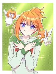 Rule 34 | 1girl, :d, \||/, alternate costume, alternate hairstyle, angel, angel wings, blue eyes, blush, casual, chibi, chibi inset, closed mouth, commentary request, crossed arms, double-parted bangs, dress, eyelashes, go-toubun no hanayome, green background, green hoodie, green ribbon, hair between eyes, hair ribbon, happy, highres, hood, hood down, hoodie, long sleeves, looking at viewer, medium hair, nakano yotsuba, no ribbon, open mouth, orange hair, ponytail, ribbon, simple background, sleeveless, sleeveless dress, smile, solo, sparkle, straight-on, straight hair, sundress, twitter username, upper body, white dress, white wings, wide-eyed, wings, yu (flowerbird3830)