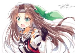 Rule 34 | 1girl, alternate eye color, blush, brown hair, detached sleeves, elbow gloves, gloves, green eyes, hair between eyes, hair ornament, headband, highres, hizaka, jintsuu (kancolle), kantai collection, long hair, looking at viewer, one-hour drawing challenge, open mouth, school uniform, serafuku, simple background, smile, solo, twitter username, white background