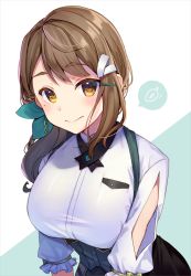 Rule 34 | 1girl, black skirt, blue background, blue ribbon, blush, bow, breasts, brown eyes, brown hair, closed mouth, commentary request, dress shirt, green bow, hair ornament, hair ribbon, hairclip, hayama mido, hayama mido ch., highres, long hair, long sleeves, looking at viewer, medium breasts, mole, mole under eye, momoirone, puffy long sleeves, puffy sleeves, ribbon, shirt, skirt, solo, two-tone background, underbust, virtual youtuber, white background, white shirt