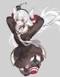 Rule 34 | 1girl, amatsukaze (kancolle), amatsukaze kai ni (kancolle), anno88888, arms behind head, arms up, blush, brown dress, choker, cropped legs, crossed bangs, dress, fang, garter straps, grey background, grey neckerchief, hair between eyes, hair tubes, heart, highres, kantai collection, long hair, long sleeves, looking at viewer, neckerchief, open mouth, red thighhighs, sailor collar, sailor dress, simple background, smoke, smokestack hair ornament, solo, striped, thighhighs, two side up, very long hair, white hair, white sailor collar, yellow eyes