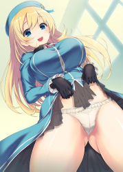 Rule 34 | 10s, 1girl, akanagi youto, atago (kancolle), bad id, bad pixiv id, black gloves, blonde hair, blue eyes, blush, breasts, crotch seam, gloves, hat, highres, kantai collection, large breasts, long hair, looking at viewer, military, open mouth, panties, smile, solo, underwear, uniform