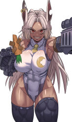 1girl absurdres animal_ears bare_shoulders boku_no_hero_academia breasts carrot collared_leotard commentary_request covered_abs covered_erect_nipples covered_navel crescent_print dark-skinned_female dark_skin gamjasssak gluteal_fold highleg highleg_leotard highres korean_commentary large_breasts leotard long_eyelashes long_hair looking_at_viewer mechanical_arms mechanical_ears mirko necktie notched_ear parted_bangs purple_thighhighs rabbit_ears rabbit_girl red_eyes scar scar_on_face short_necktie smile solo taut_leotard thick_thighs thighhighs thighs toned toned_female very_long_hair white_hair white_leotard yellow_necktie