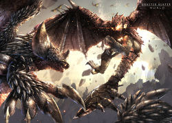 Rule 34 | claws, copyright name, day, dragon, flying, from below, highres, horns, looking at another, monster, monster hunter (series), monster hunter: world, nergigante, no humans, outdoors, raruru, rathalos, scales, sharp teeth, spikes, tail, teeth, wings