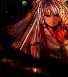 Rule 34 | 1girl, angry, bad id, bad pixiv id, clenched hand, dark, female focus, fujiwara no mokou, full moon, monochrome, moon, open mouth, red eyes, red theme, solo, tomishi, touhou, white hair
