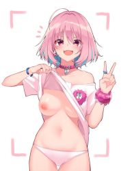 Rule 34 | 1girl, ahoge, bad id, bad twitter id, blue hair, bracelet, breasts, clothes lift, collar, collarbone, commentary request, cowboy shot, idolmaster, idolmaster cinderella girls, jewelry, kemololi, lifting own clothes, looking at viewer, medium breasts, multicolored hair, nipples, open mouth, panties, pink eyes, pink hair, pink panties, pink shirt, ring, shirt, shirt lift, short hair, smile, solo, t-shirt, two-tone hair, underwear, v, yumemi riamu
