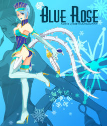 Rule 34 | 10s, 1girl, ass, bare shoulders, blue eyes, blue hair, blue rose (tiger &amp; bunny), boots, breasts, character name, cleavage, earrings, elbow gloves, full body, gloves, gun, hat, high heels, jewelry, karina lyle, lipstick, makeup, matching hair/eyes, medium breasts, nwtm, shoes, short hair, solo, standing, standing on one leg, superhero costume, thigh boots, thighhighs, tiger &amp; bunny, weapon, zoom layer