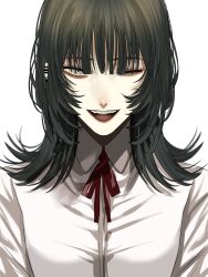 Rule 34 | 1girl, black hair, braces, choppy bangs, collared shirt, commentary, dress shirt, ear piercing, grey eyes, highres, hoshi san 3, looking at viewer, medium hair, neck ribbon, one eye closed, open mouth, original, piercing, red ribbon, ribbon, shirt, simple background, solo, teeth, upper body, upper teeth only, white background, white shirt, wolf cut