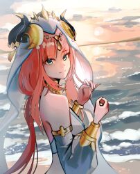Rule 34 | 1girl, absurdres, aqua eyes, armlet, beach, blue headwear, bracelet, commentary, crown, detached sleeves, english commentary, erroten, fake horns, from side, genshin impact, hands up, highres, horns, jewelry, long hair, looking at viewer, nilou (genshin impact), ocean, parted bangs, pink hair, smile, solo, sunset, twintails, upper body, veil, waves