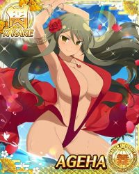 Rule 34 | 1girl, ageha (senran kagura), armlet, armpits, arms up, bare hips, bare legs, bare shoulders, cleavage cutout, bracelet, breasts, cameltoe, clothes lift, cocktail dress, dress, flower, hair flower, hair ornament, highres, huge breasts, jewelry, legs apart, long dress, long hair, looking at viewer, necklace, red dress, rose, senran kagura, sideboob, skirt, skirt lift, smile, thick thighs, thighs, underboob, water, wet, yellow eyes