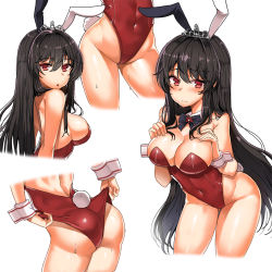 Rule 34 | 1girl, adjusting clothes, adjusting leotard, animal ears, ass, black hair, black neckwear, bow, bowtie, breasts, covered navel, cowboy shot, detached collar, fake animal ears, highres, iris yuma, leotard, lhu (barappra1), long hair, medium breasts, multiple views, playboy bunny, rabbit ears, rabbit tail, red eyes, red leotard, simple background, soulworker, strapless, strapless leotard, sweat, tail, tiara, wedgie, white background, wrist cuffs