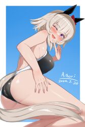Rule 34 | 1girl, a.nori, absurdres, animal ears, armpits, artist name, ass, blue background, blush, breasts, commentary request, competition swimsuit, curren chan (umamusume), dated, grey hair, highleg, highres, horse ears, horse tail, medium breasts, medium hair, one-piece swimsuit, one eye closed, pointing, pointing at self, simple background, solo, swimsuit, tail, umamusume